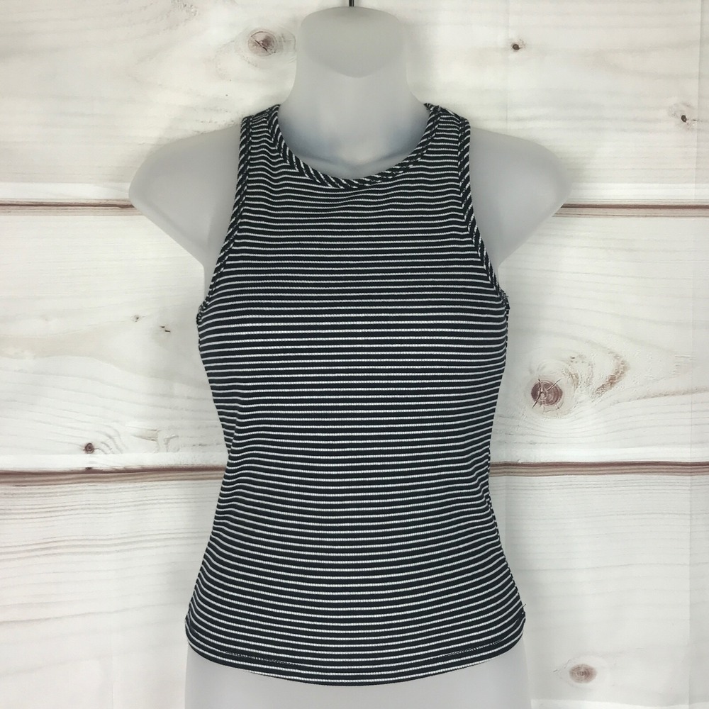 Ultra Flirt Top Juniors S Black Stripe Rib Knit Tank Crew Neck Slim Sleeveless